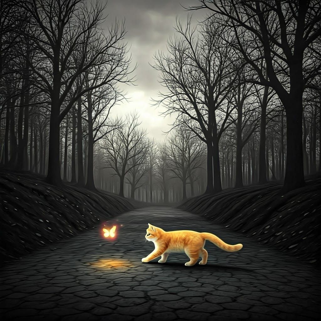 Golden Kitten in Bleak Dystopian Landscape