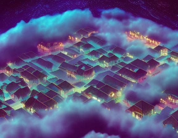 Floating Village on Neptune: Holographic Astral Illustration