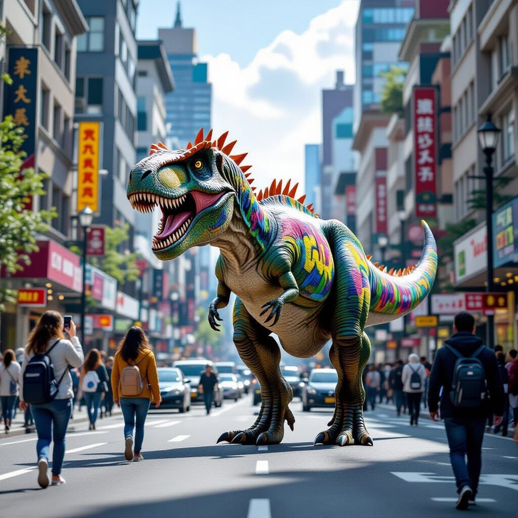 Dinosaurs and Humans Coexisting in a Vibrant City