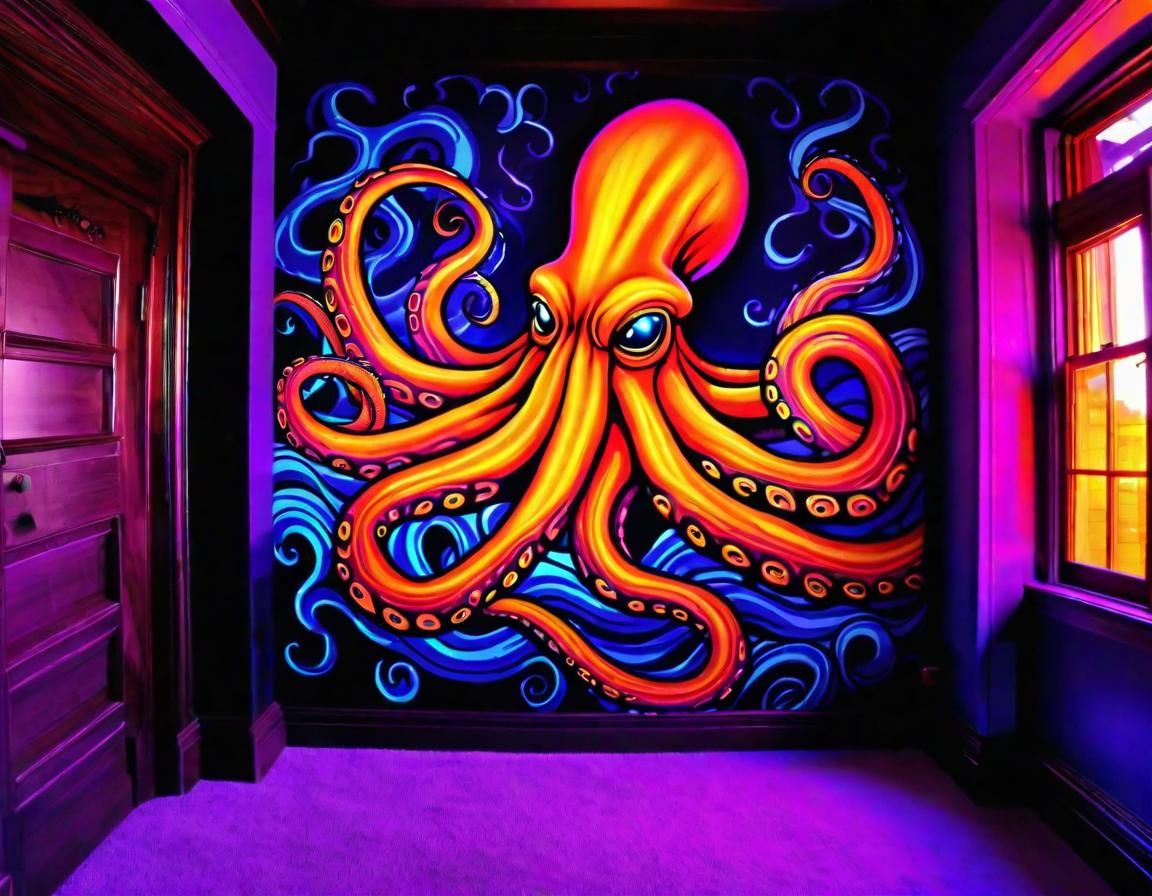 Black Light Kraken Mural: Ultra Violet Room Art