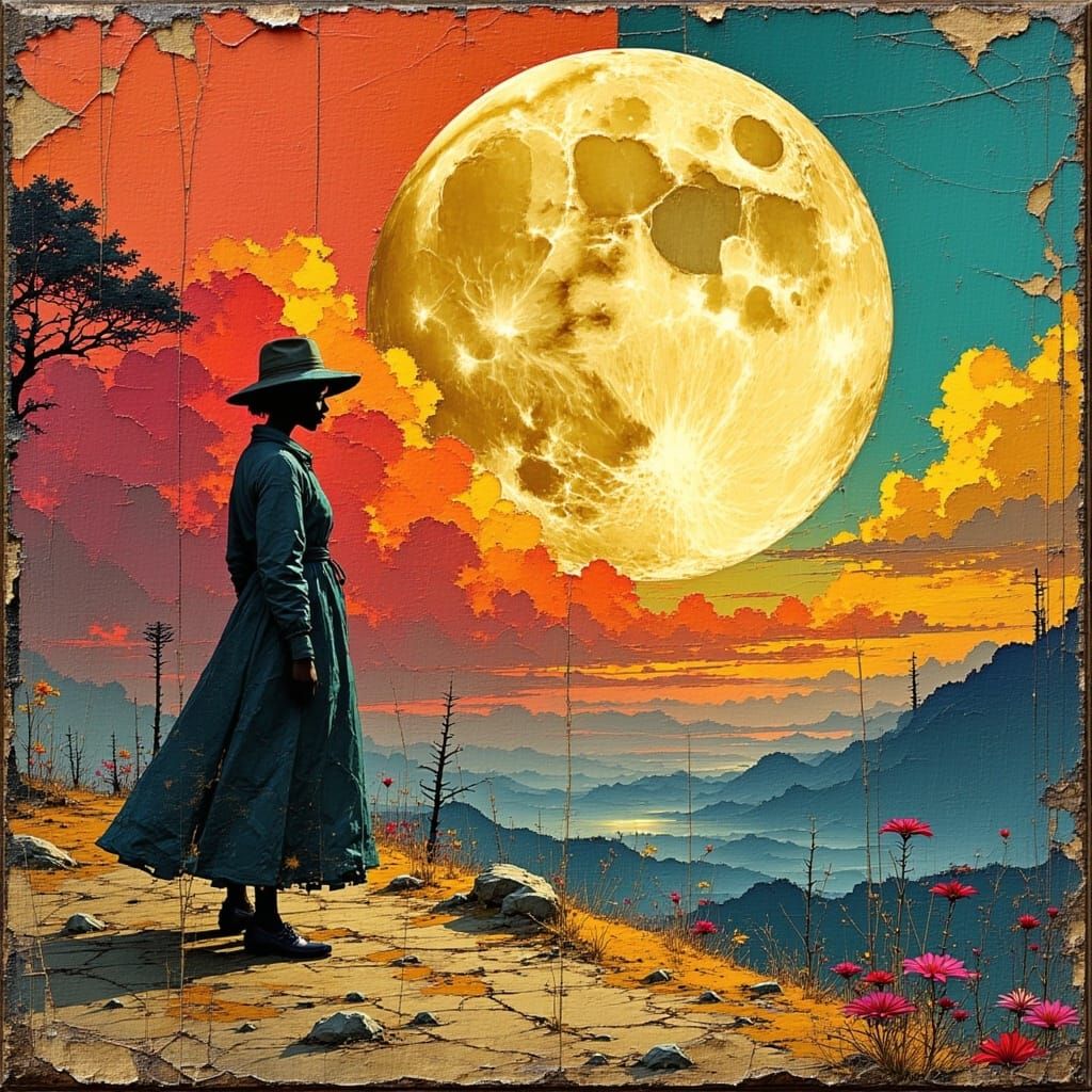 Surreal Moonlit Scene in Distressed Vintage Paint