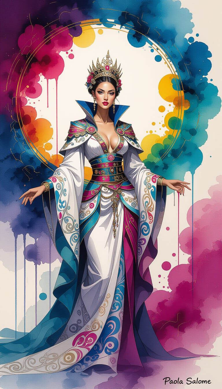 Powerful Queen in Flowing Robes with Vibrant Backdrop