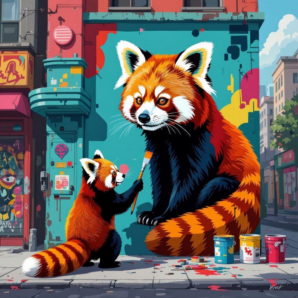 Red Panda Street Artist Paints Mural on Retro-Futuristic Bui...
