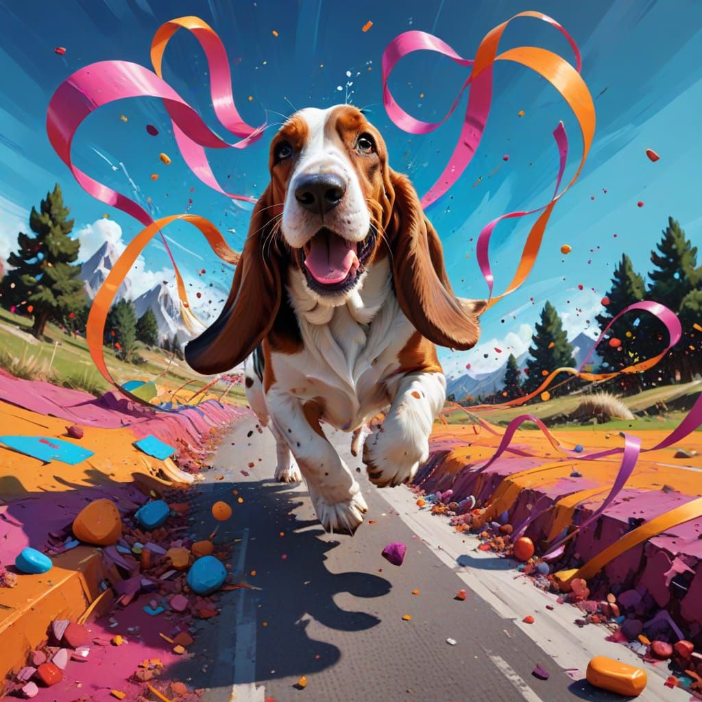 Basset Hound Chasing Through Surreal Candy Landscape