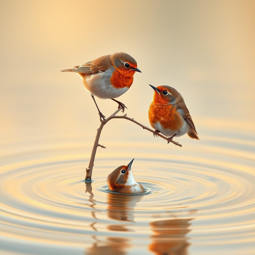Robins Share a Tender Moment on a Serene Water's Edge