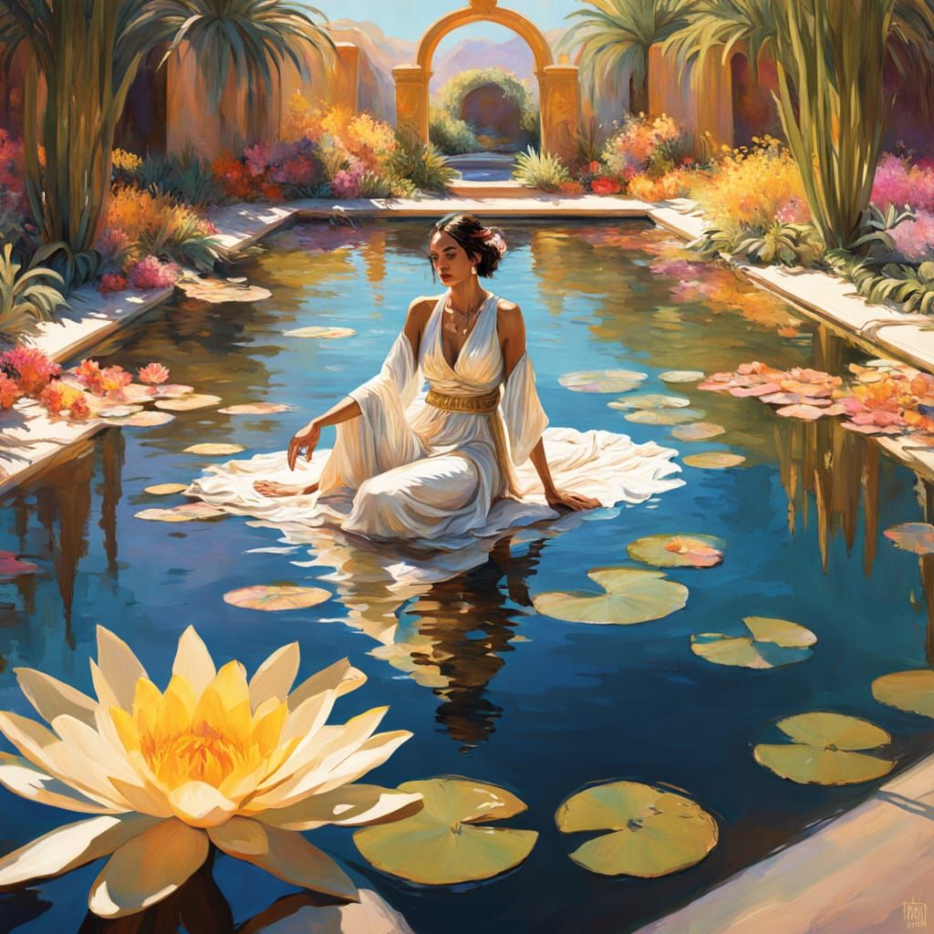 Elegant Woman Lounges by Serene Washing Pool