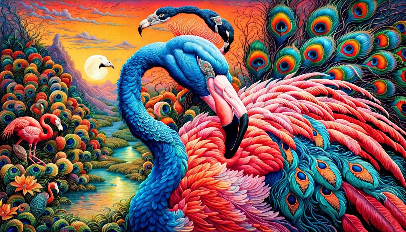 Elaborate Flamingo Peacock Embroidery in Vibrant Colors
