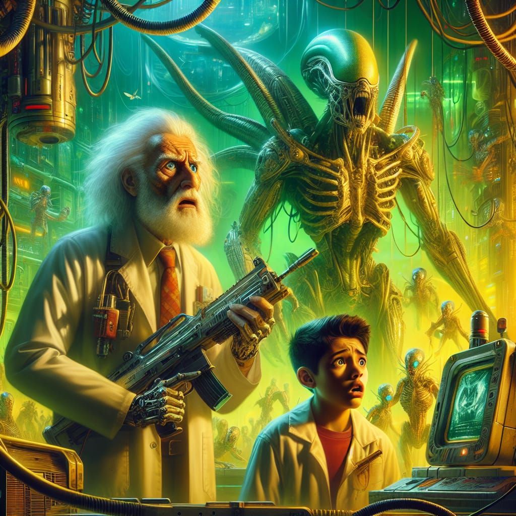 sci-fi and surrealism. It captures an elderly scientist with...