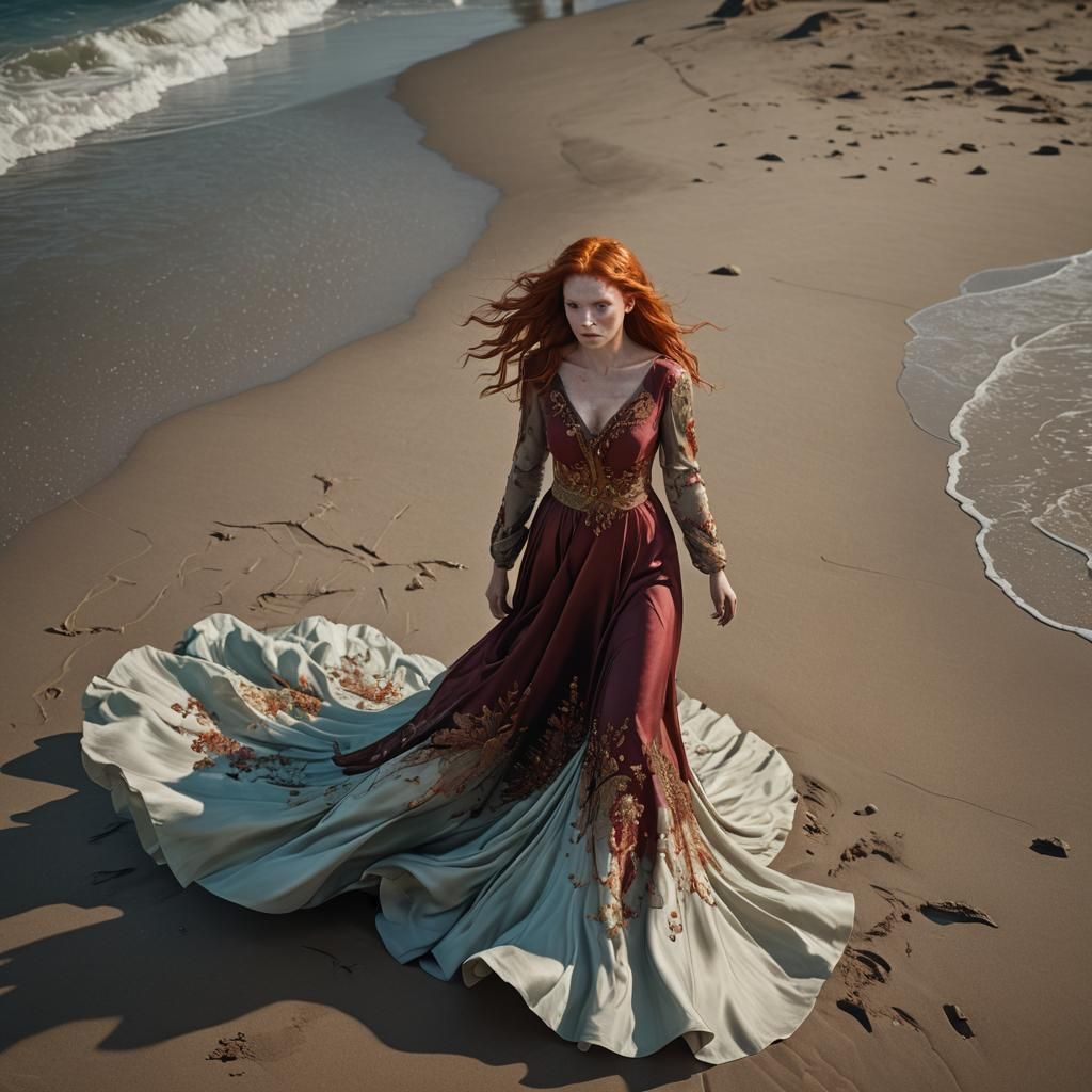 Red-Haired Woman in Silk Dress, Detailed Digital Painting