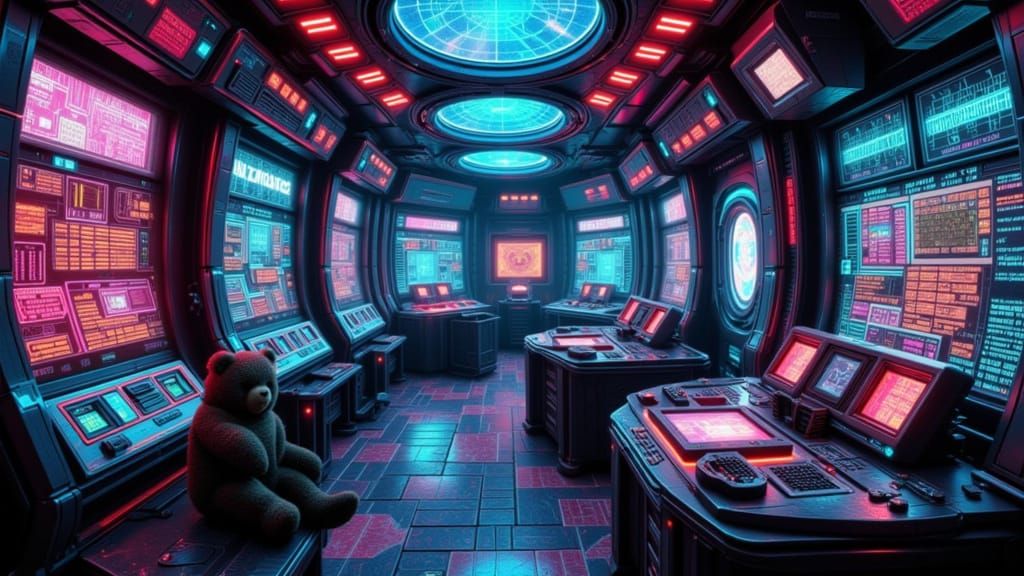 Retro-Futuristic Starship Bridge with Teddy Bear