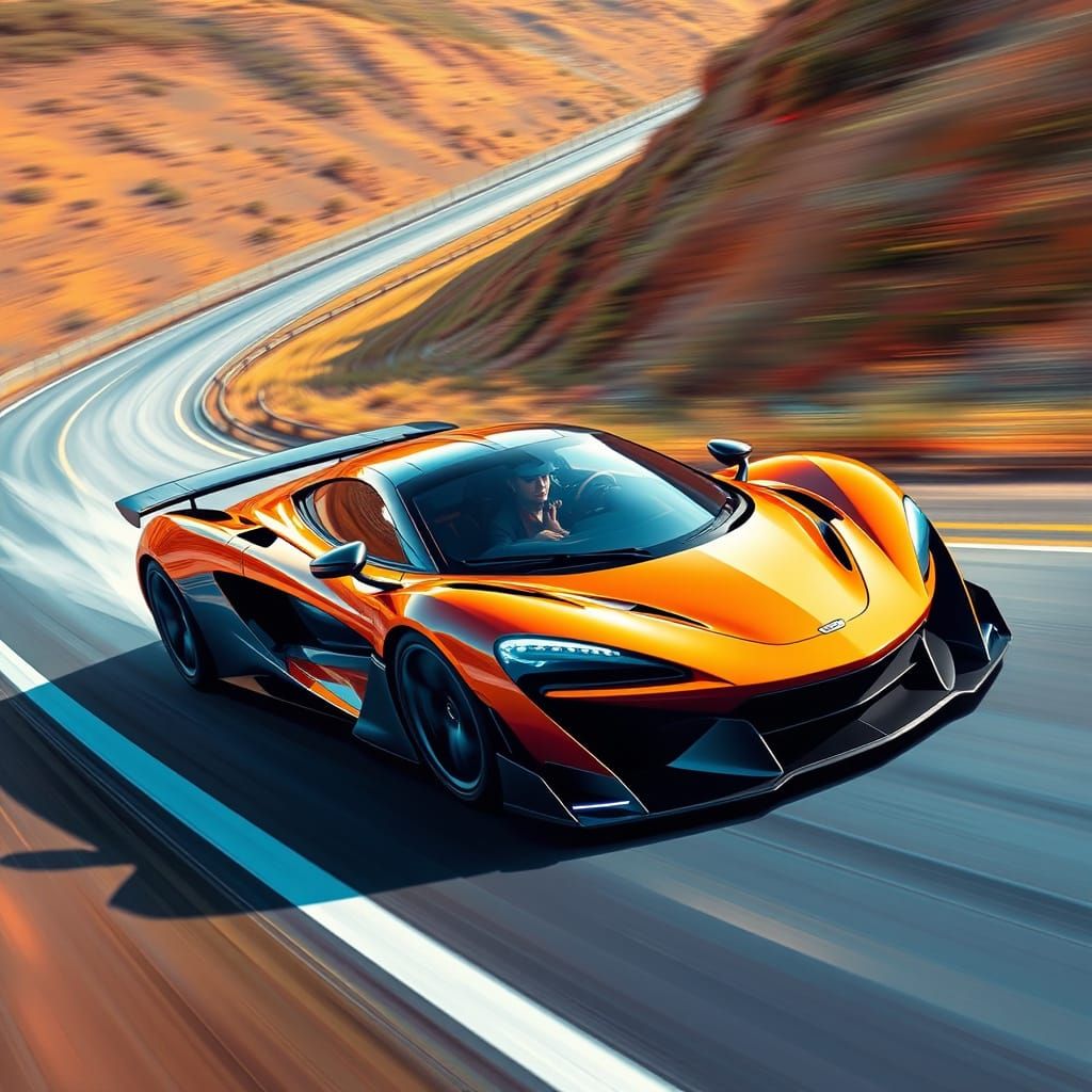 Sleek Futuristic McLaren Speeds Down Winding Road in Vibrant...