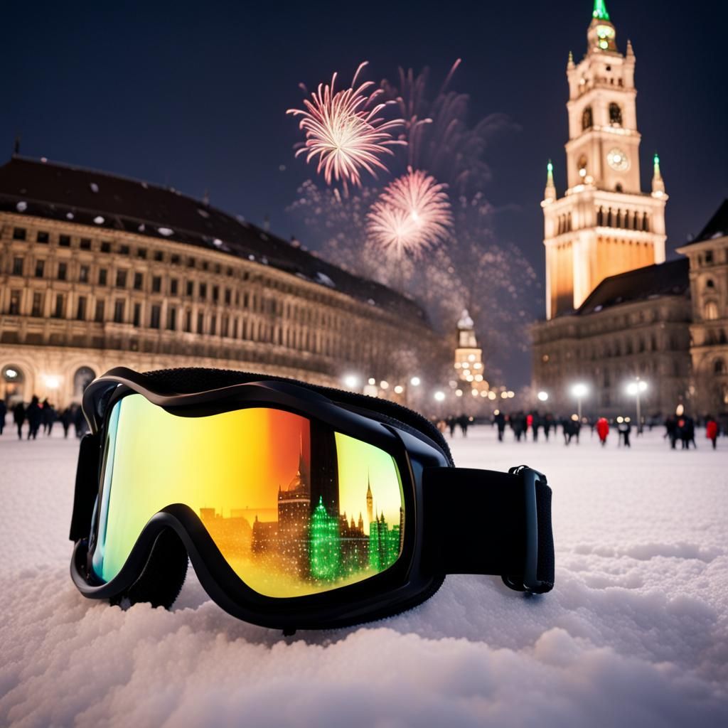 Oversized Ski Goggles Reflecting Fireworks Display
