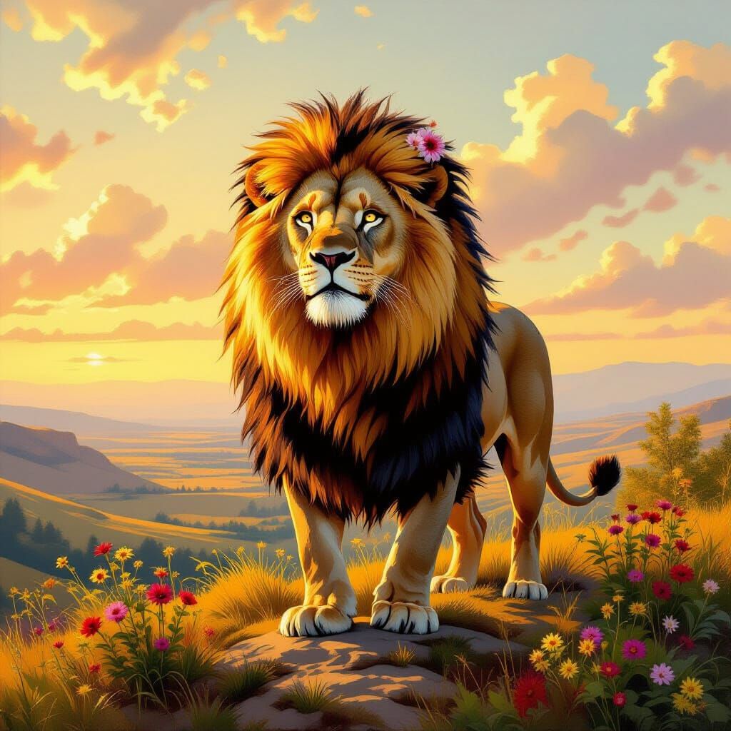 Lion with Wildflower Mane in Golden Light