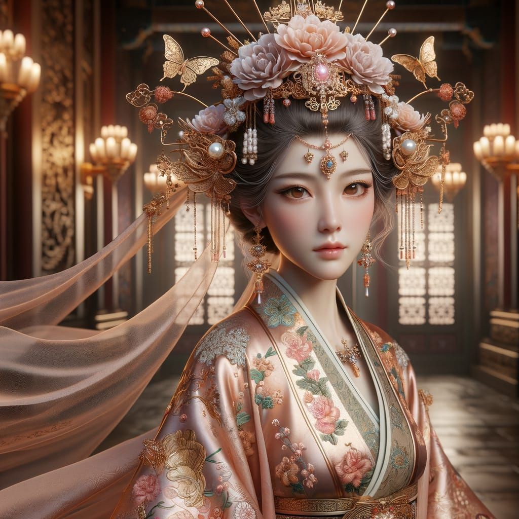 Royal Chinese Woman in Rose-Gold Chaofu with Manchu Headdres...
