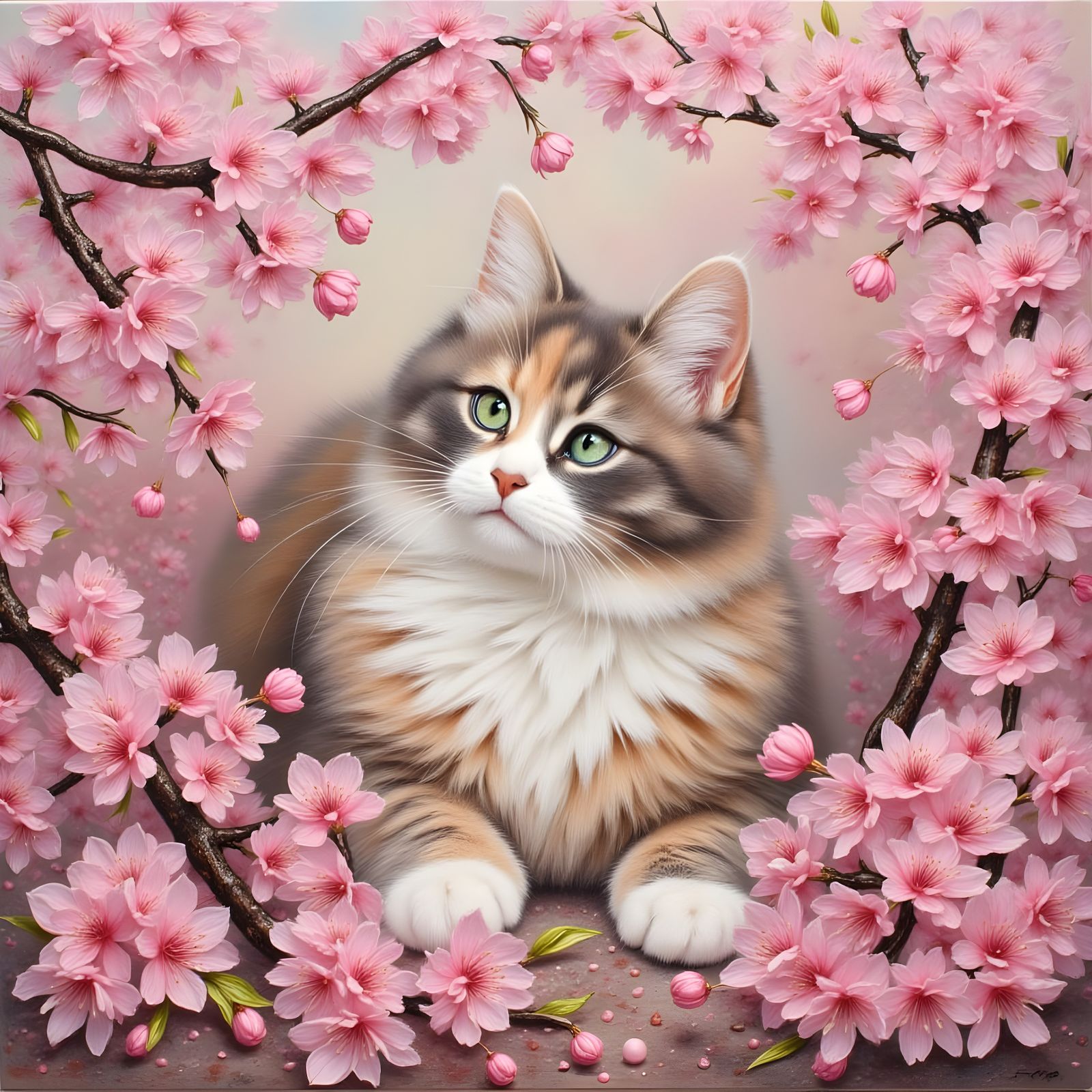 Whimsical Portrait of a Fluffy Cat in Pink Cherry Blossoms