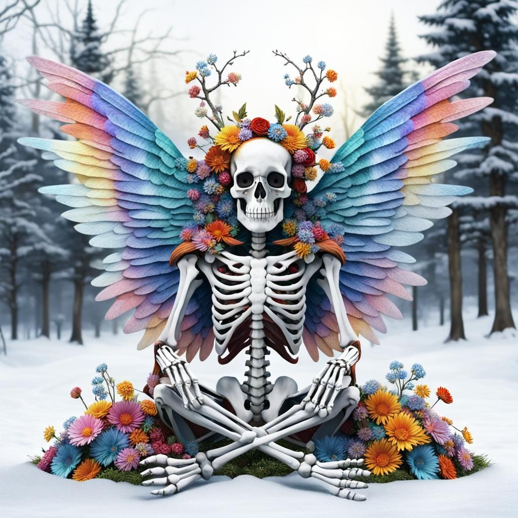 Colorful Skeletal Fairy in Winter Wonderland