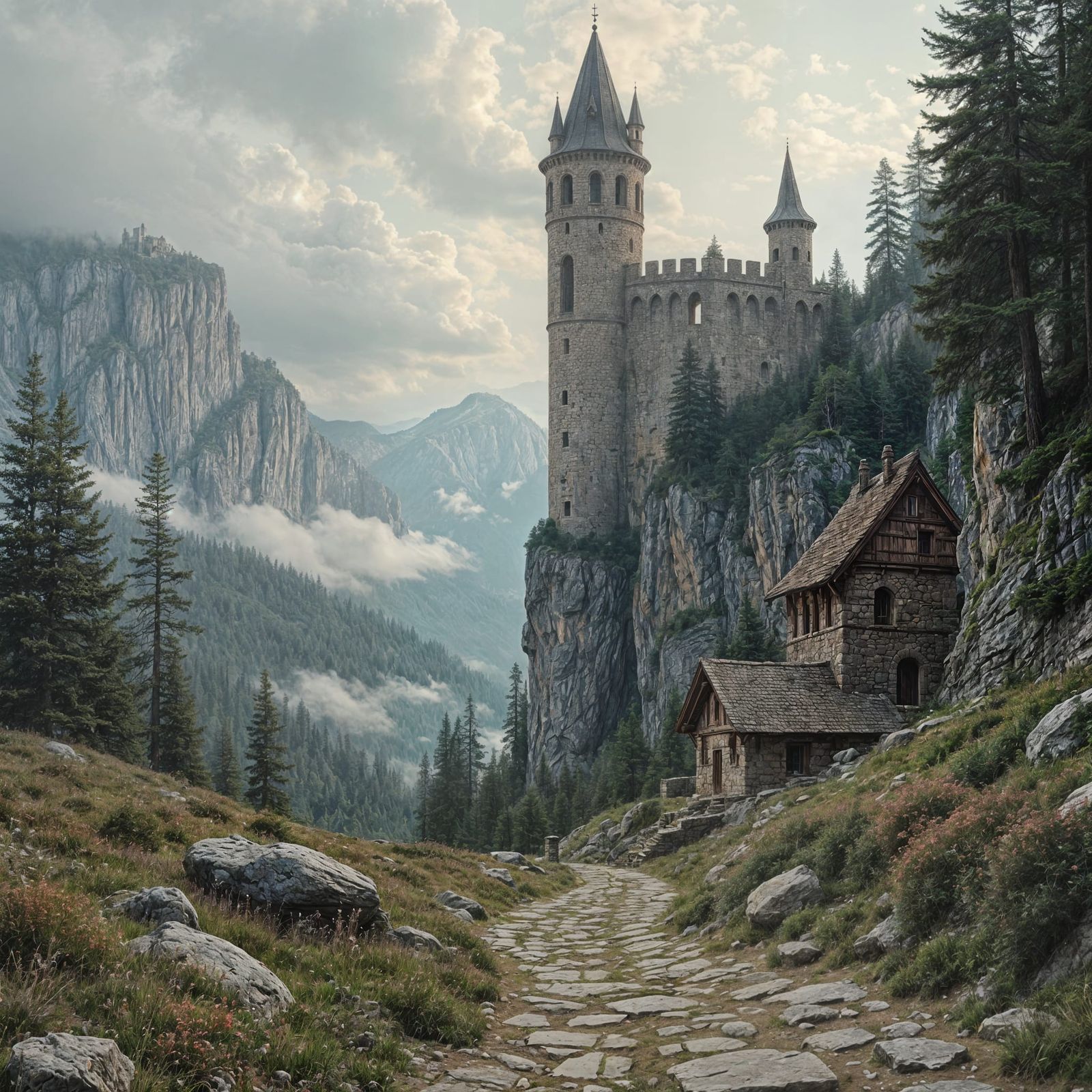 Stone Tower in Eastern European Vale Painting