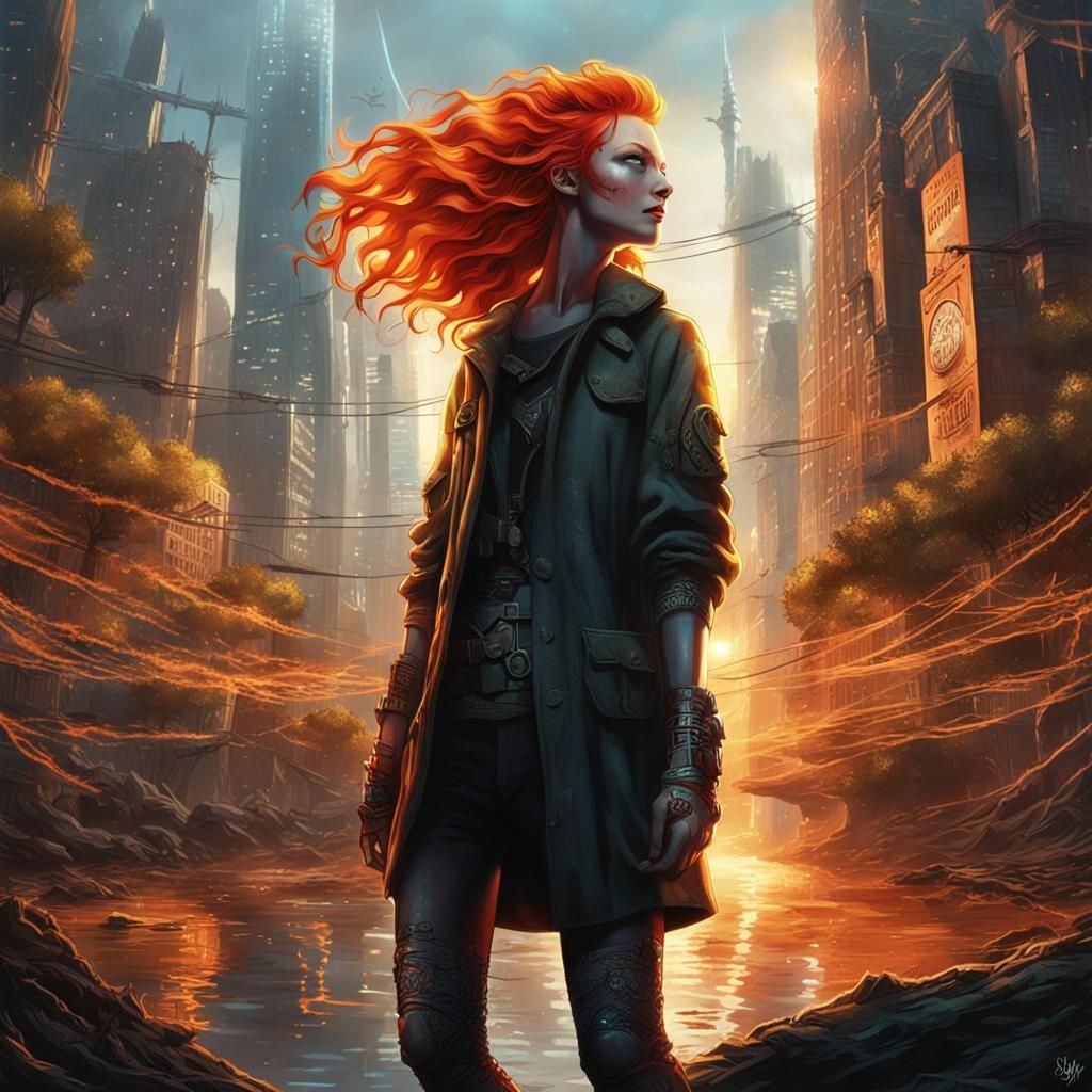 Redhead Witch's Cyberpunk Smile in Dystopian City