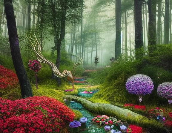 Sunset Woman in Magical Forest, Art Nouveau Style