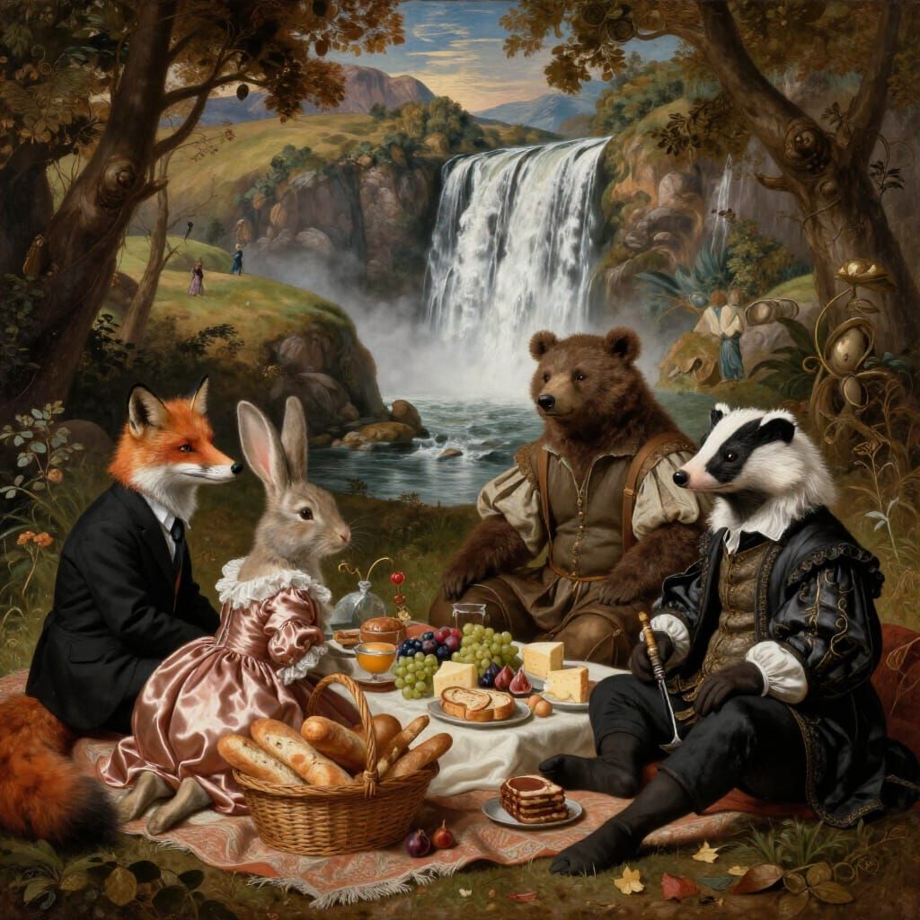 Noble Animals Picnic by Waterfall in Renaissance Style