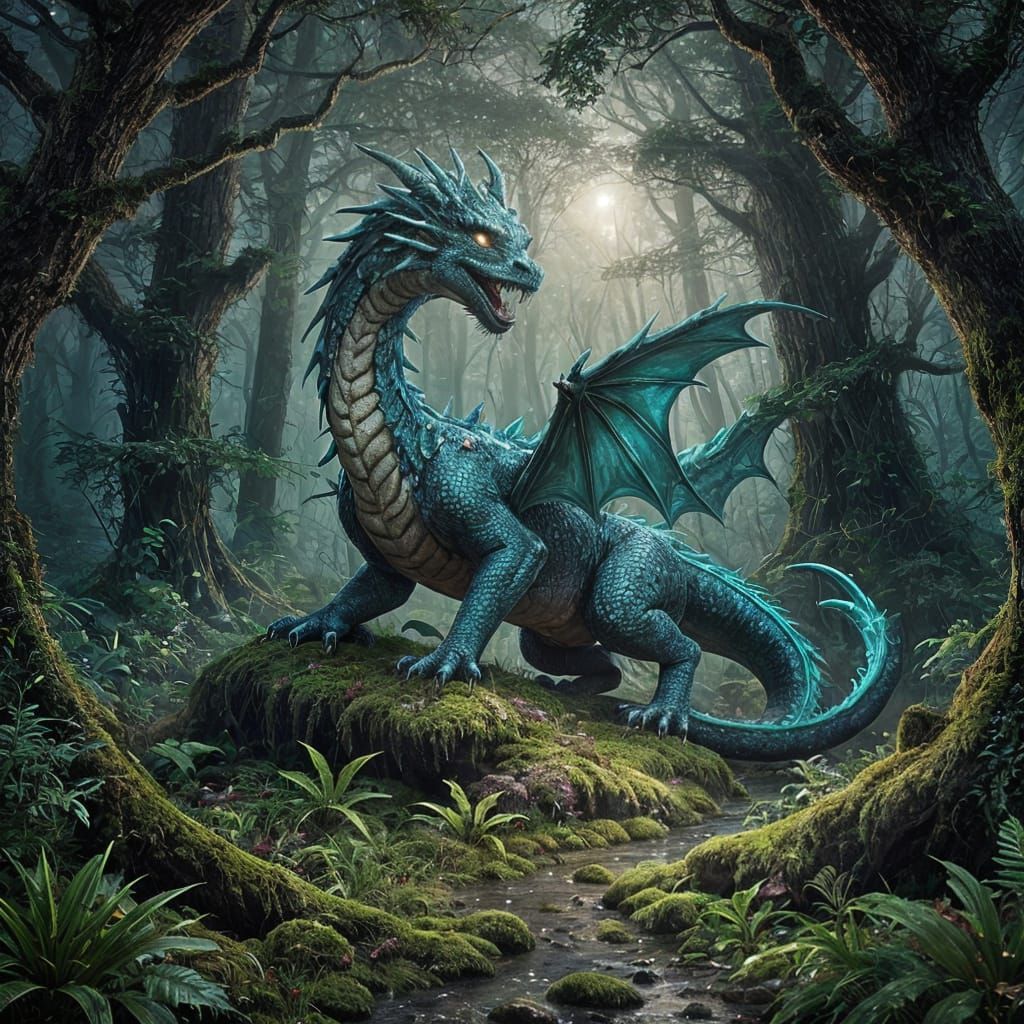Bioluminescent Dragon in Twilight Forest: Airbrush Art