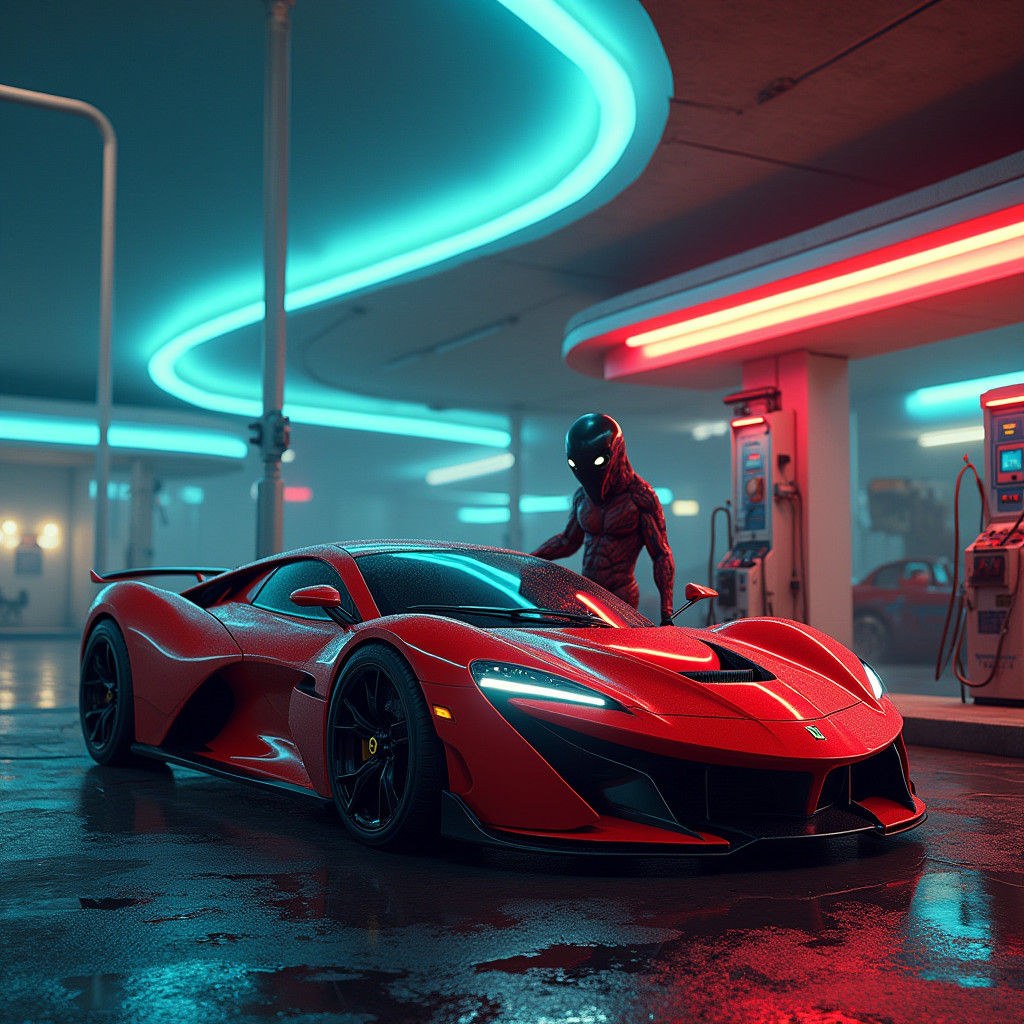 Cyberpunk Ferrari in Futuristic Space City Gas Station