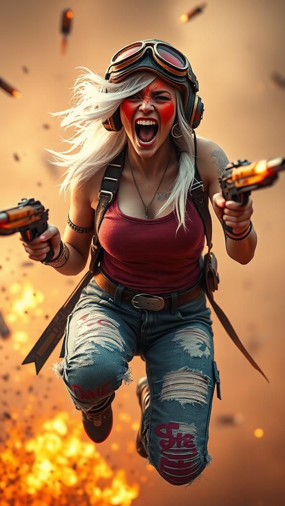 Furious Albino Woman Warrior in Chaotic Scene