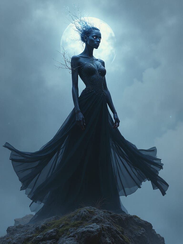 Ethereal Goddess Radiates Silver Glow on Mountain Summit