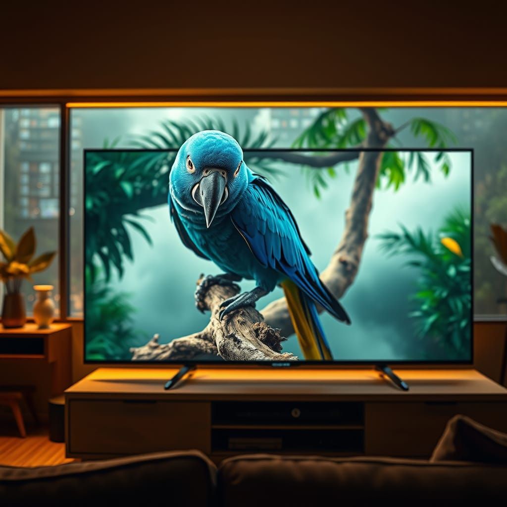 Hyperrealistic Parrot Amidst Jungle Scene on Modern TV