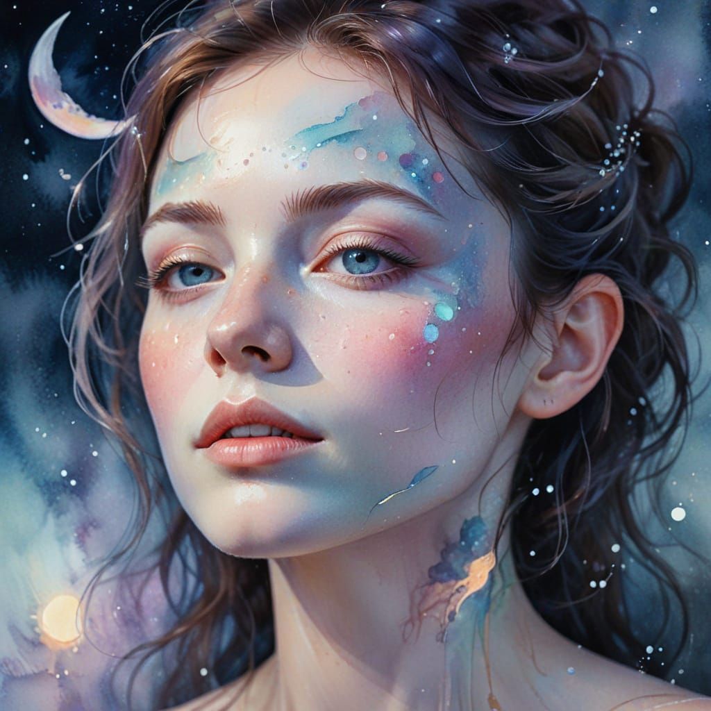 Luminous Moonlit Portrait in Watercolor