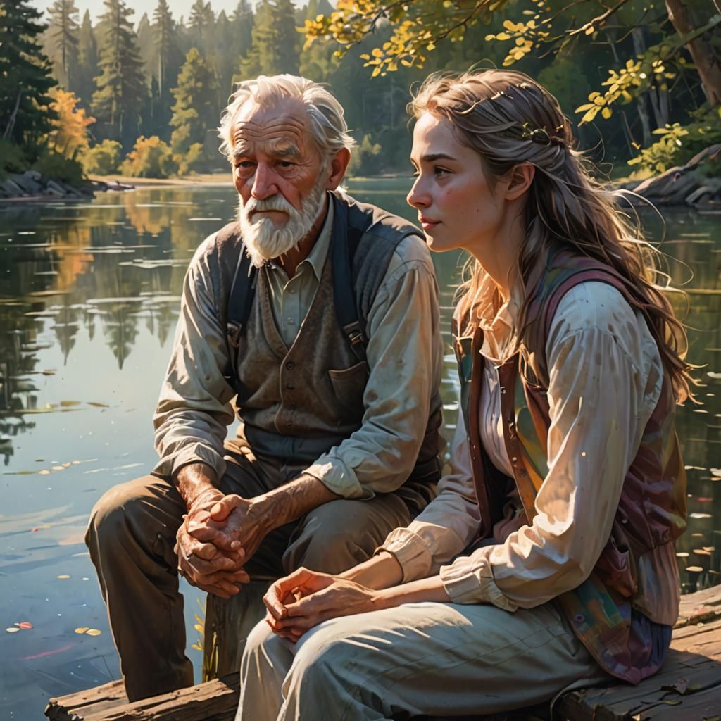 Serene Lakeside Scene with Old Man and Girl
