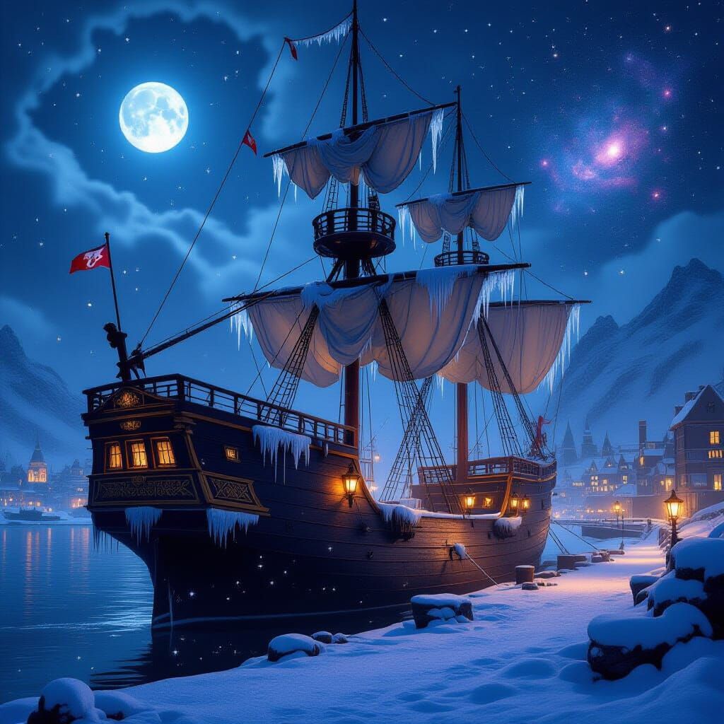 Majestic Sailing Ship in Snowy Harbor Under Moonlight