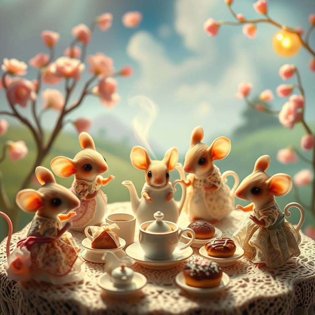 Whimsical Island of Miniature Mice in a Softly Glowing Tea P...