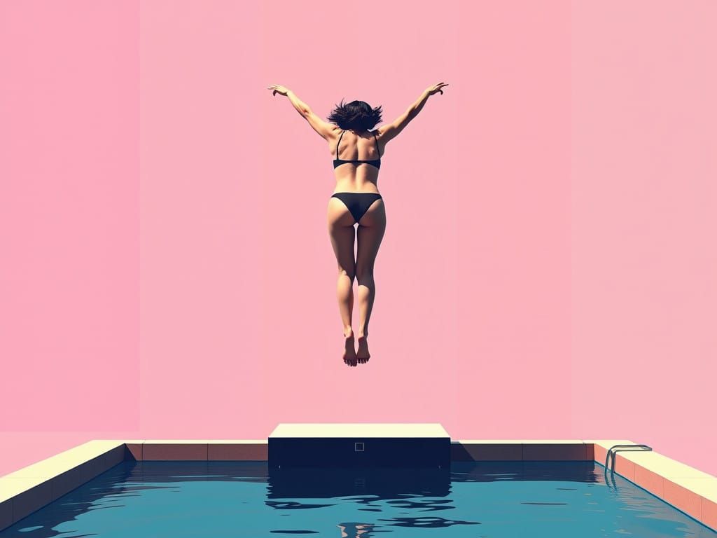 Goth Woman Leaps into Vibrant Pool in Triadic Style