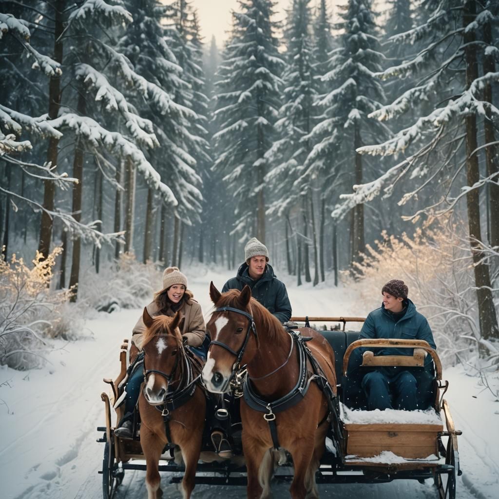 Romantic Sleigh Ride Through Winter Forest