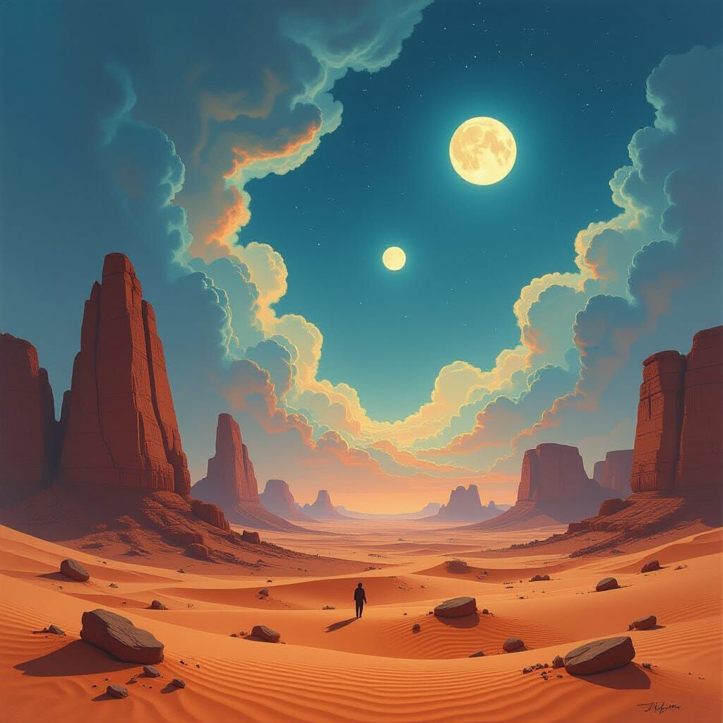 Alien Desert Vista with Bioluminescent Clouds and Twin Moons