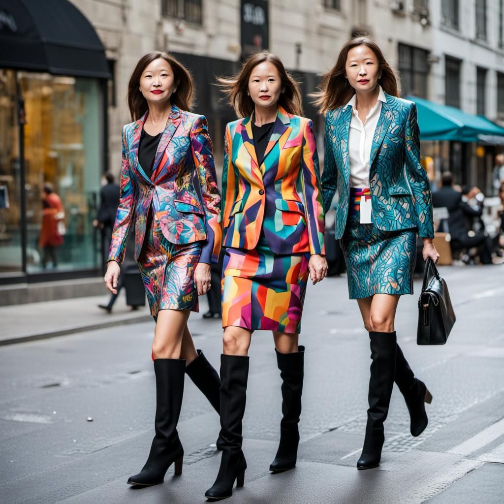 Businesswomen in Colorful Abstract Suits on City Street