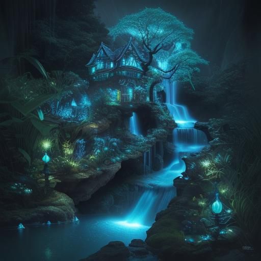 Bioluminescent Fairy-Tale Garden with Magical Waterfall