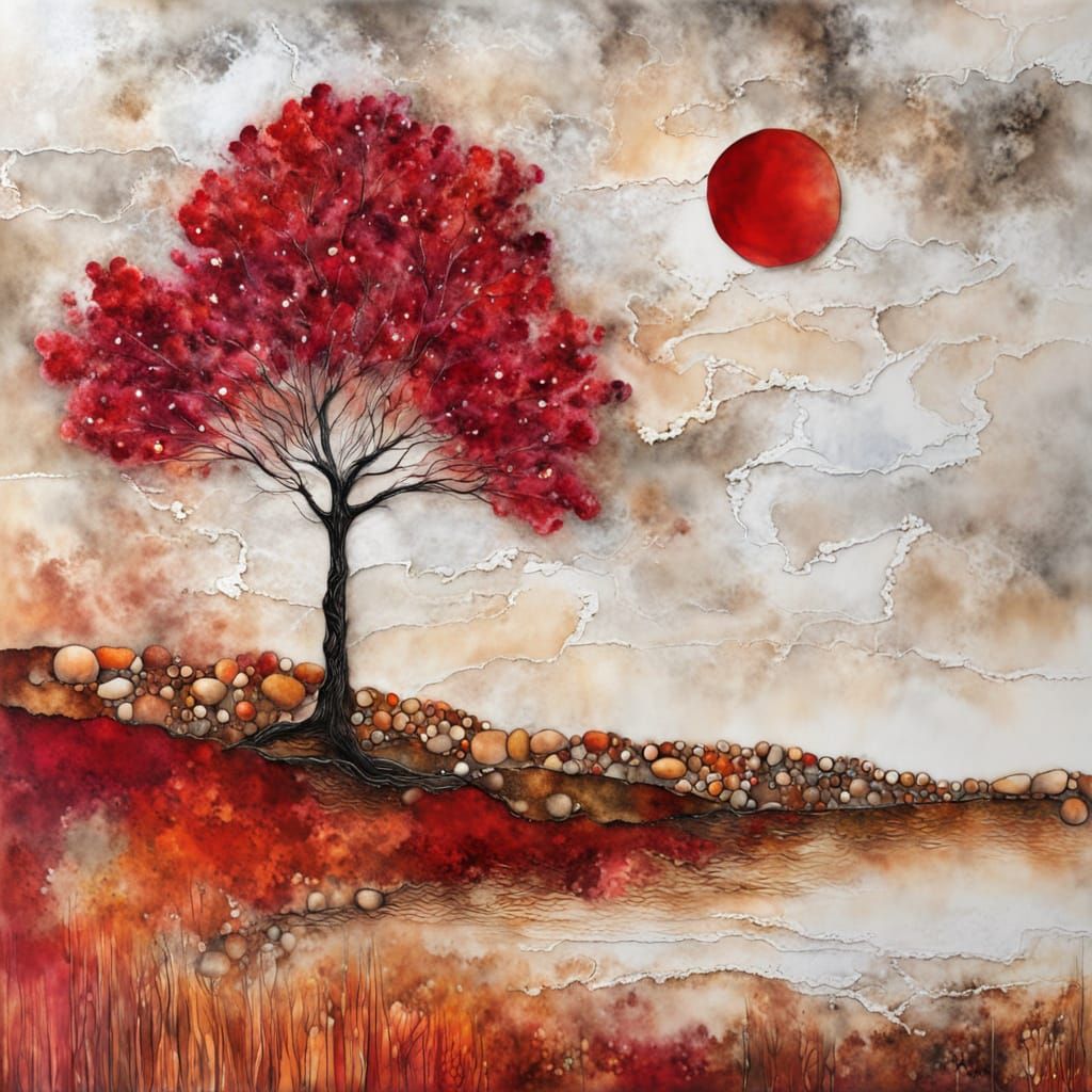 Lone Autumn Tree in Alcohol Ink Style