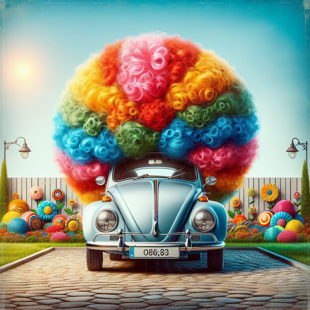 Whimsical Wig-Wearing Volkswagen Beetle Car