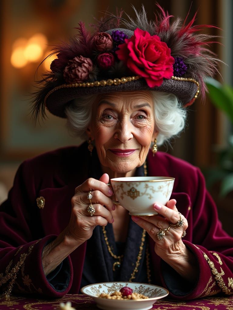 Elegant Black Woman in Velvet Coat Sips Tea, Adorned with Fe...