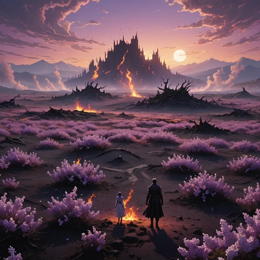 Lilac Flames Engulf Wasteland in Dreamlike Fantasy Art