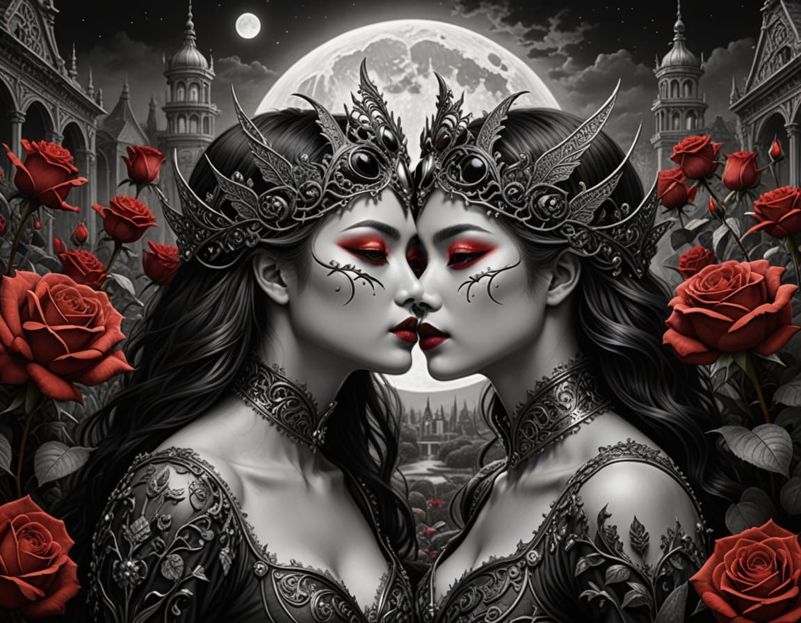 Lesbian Lovers in a Whimsical Black and White Fantasy
