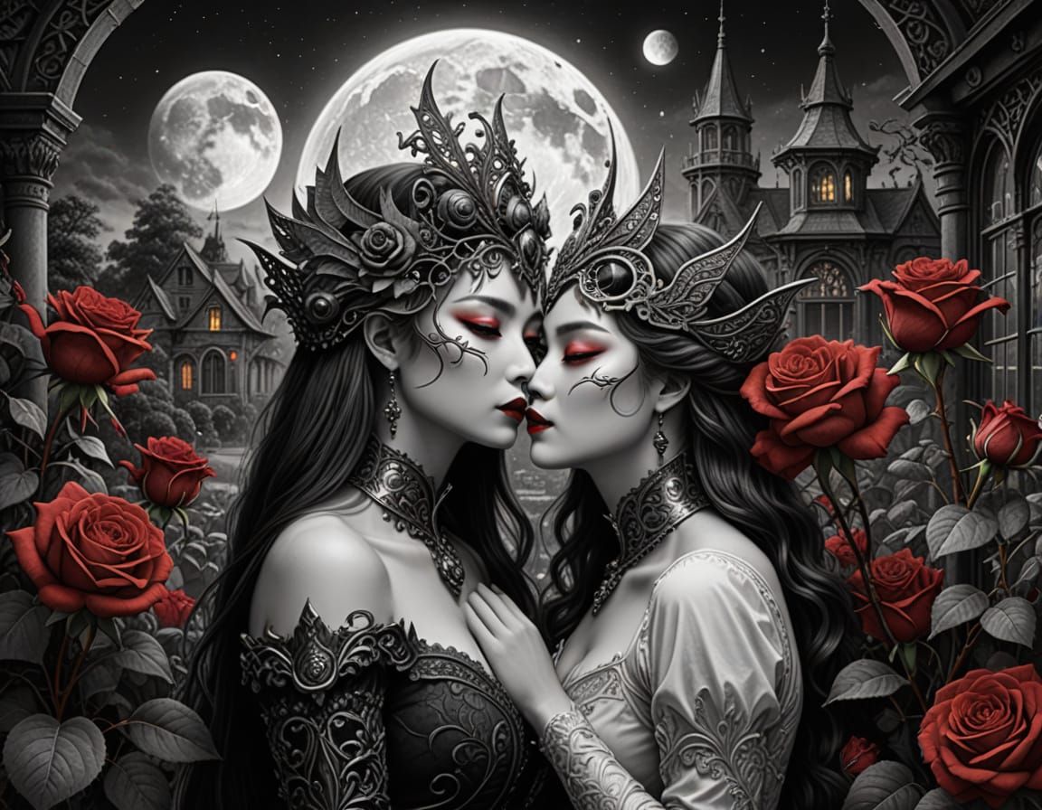 Surreal Lesbians Kissing Under Full Moonlight in a Romantic ...