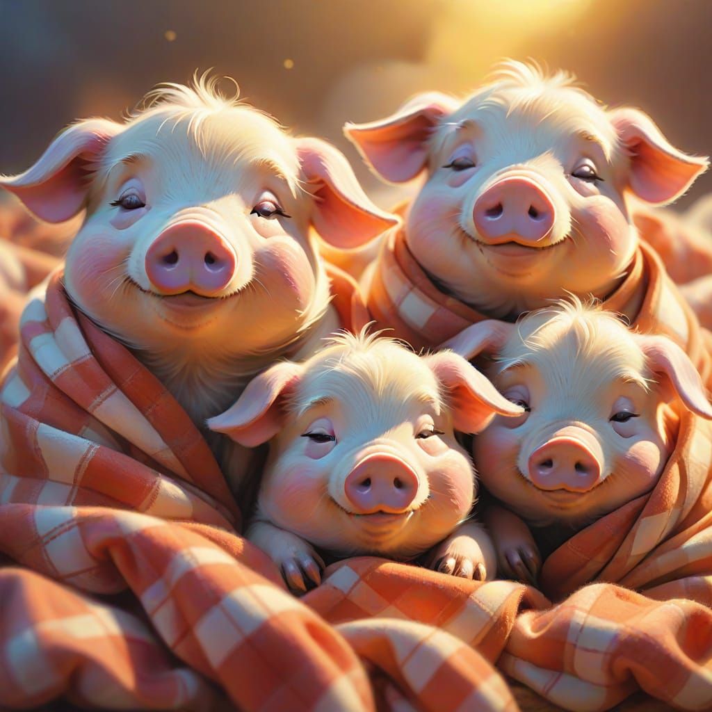 Whimsical Pigs Bask in Golden Light