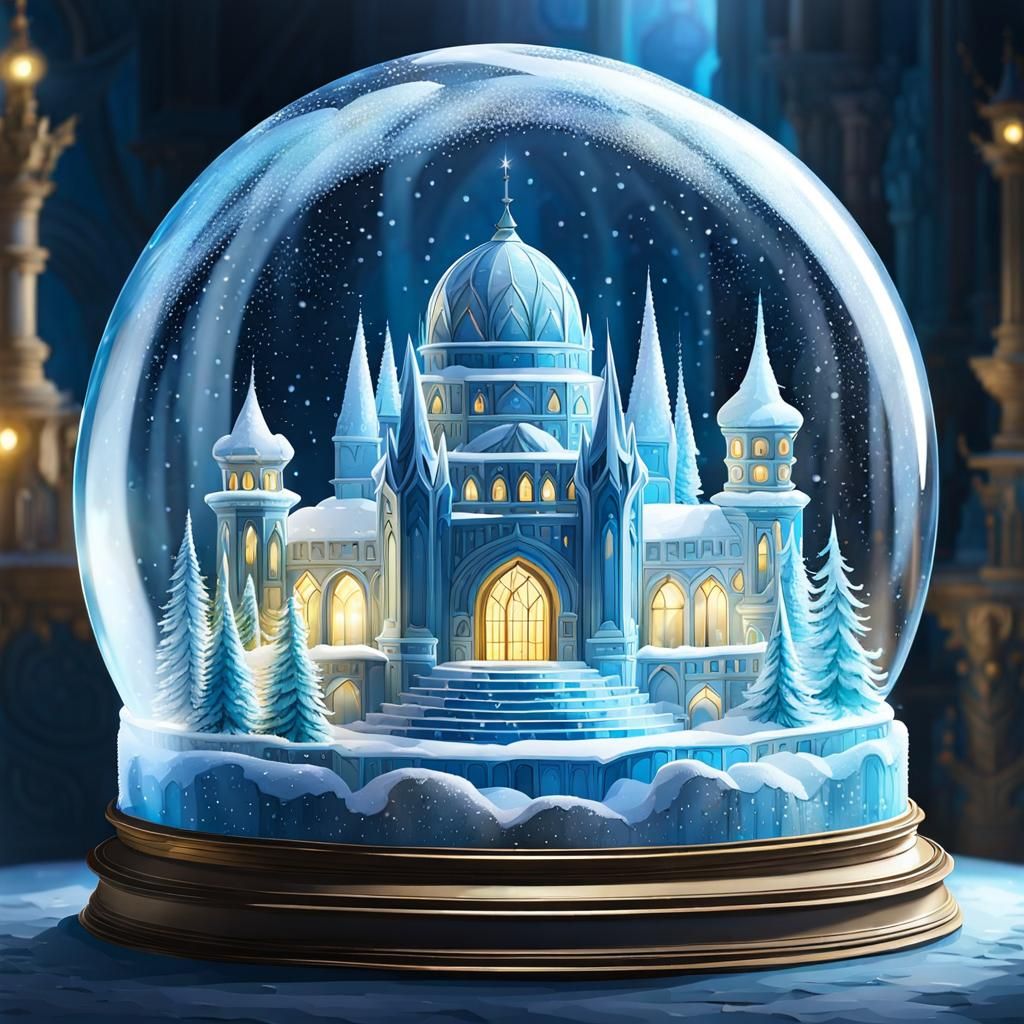 Ice Palace Inside a Snow Globe, Gouache Art