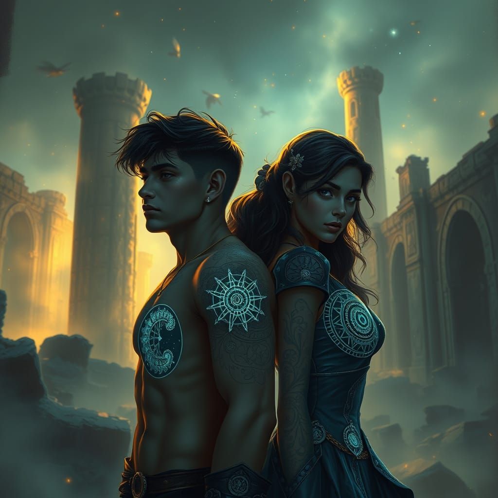 Couple with Celestial Tattoos in Misty Ruins