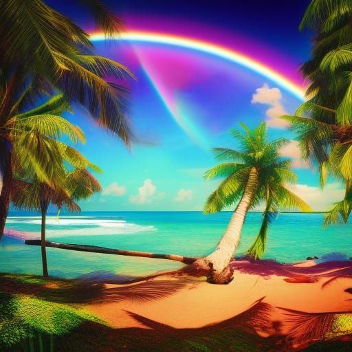 Tropical Island Castle with Rainbow: Digital Illustration