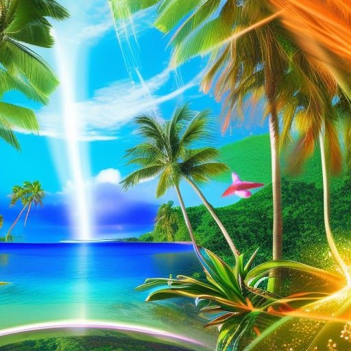 Tropical Castle and Rainbow in Astral Illustration