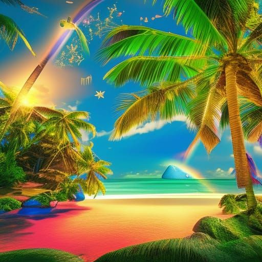 Tropical Castle Paradise: Holographic Illustration in 8k